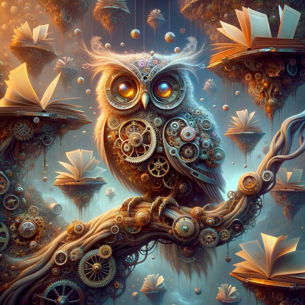 Clockwork Owl on Floating Islands in Steampunk Surrealism