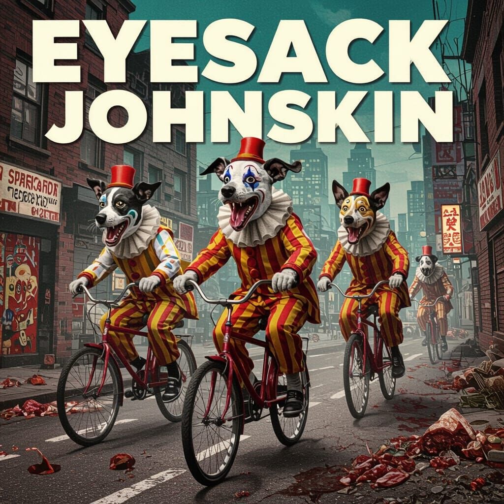 Surreal Pop Art Collage: Dogs Ride Bikes in Meatloaf City