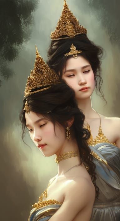 Twin Thai Princesses Portrait in Hyperdetailed Style