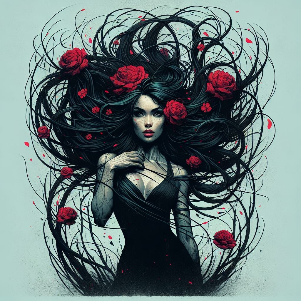 Dark Fantasy Woman with Red Flowers, Digital Art