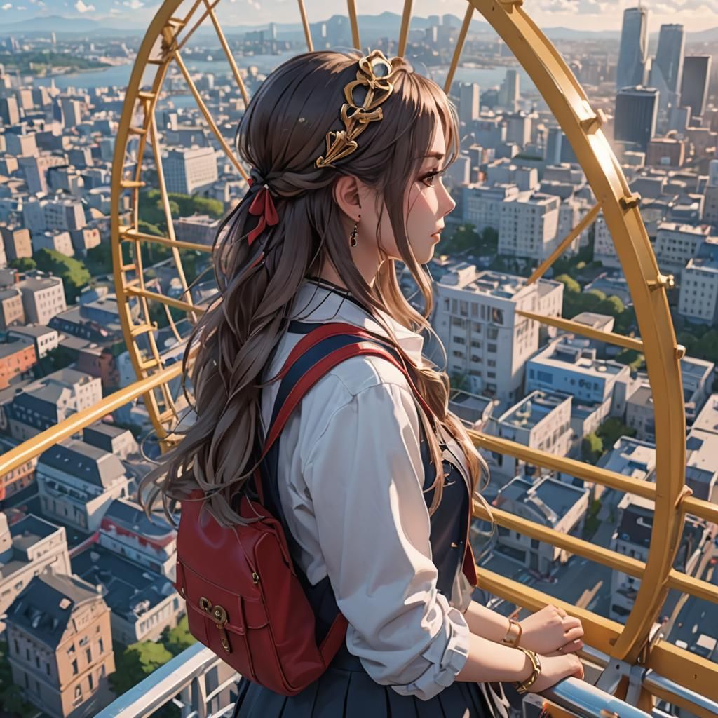 Anime Girl on Ferris Wheel Overlooking City
