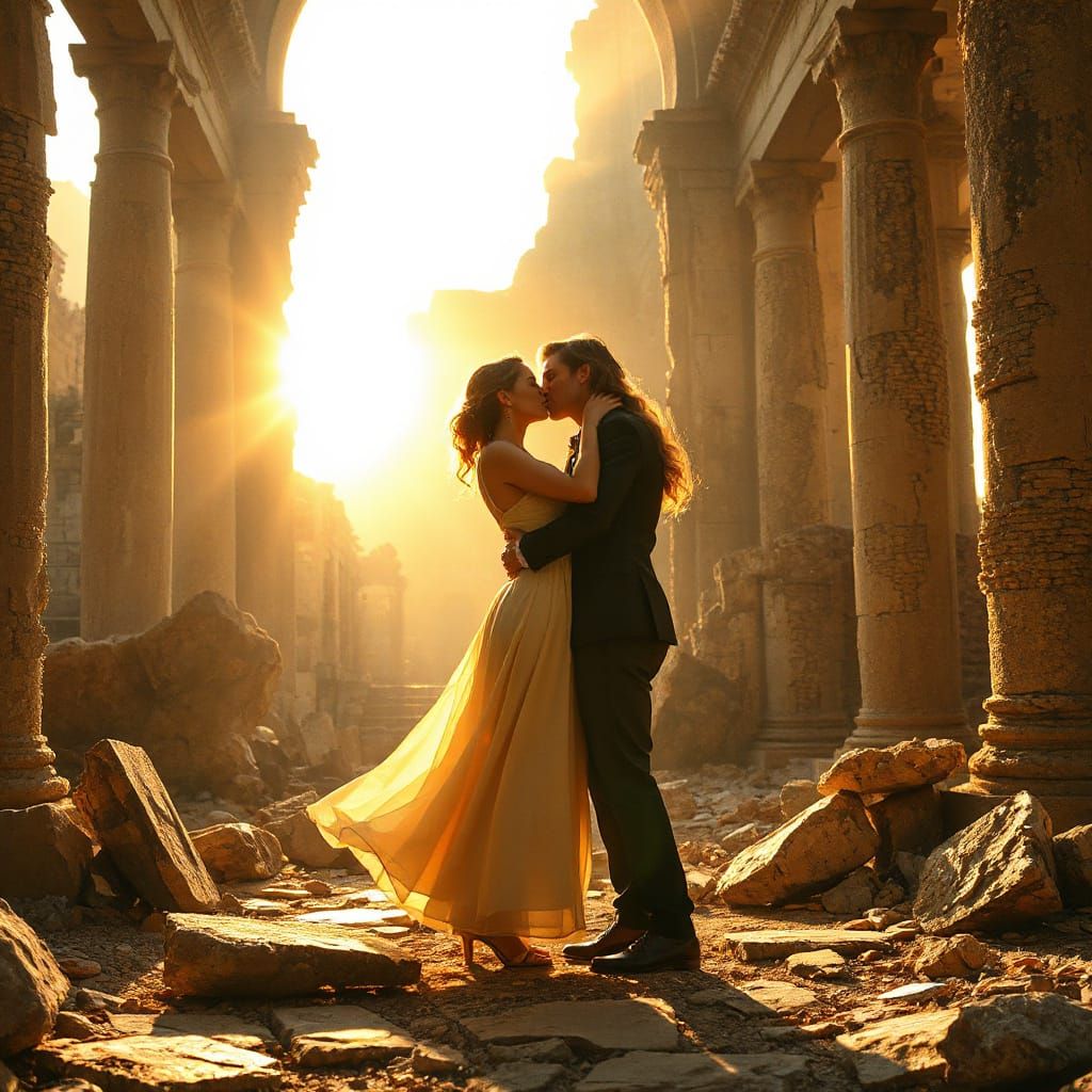 Love's Embrace in Ancient Ruins, Romantic Painterly Style