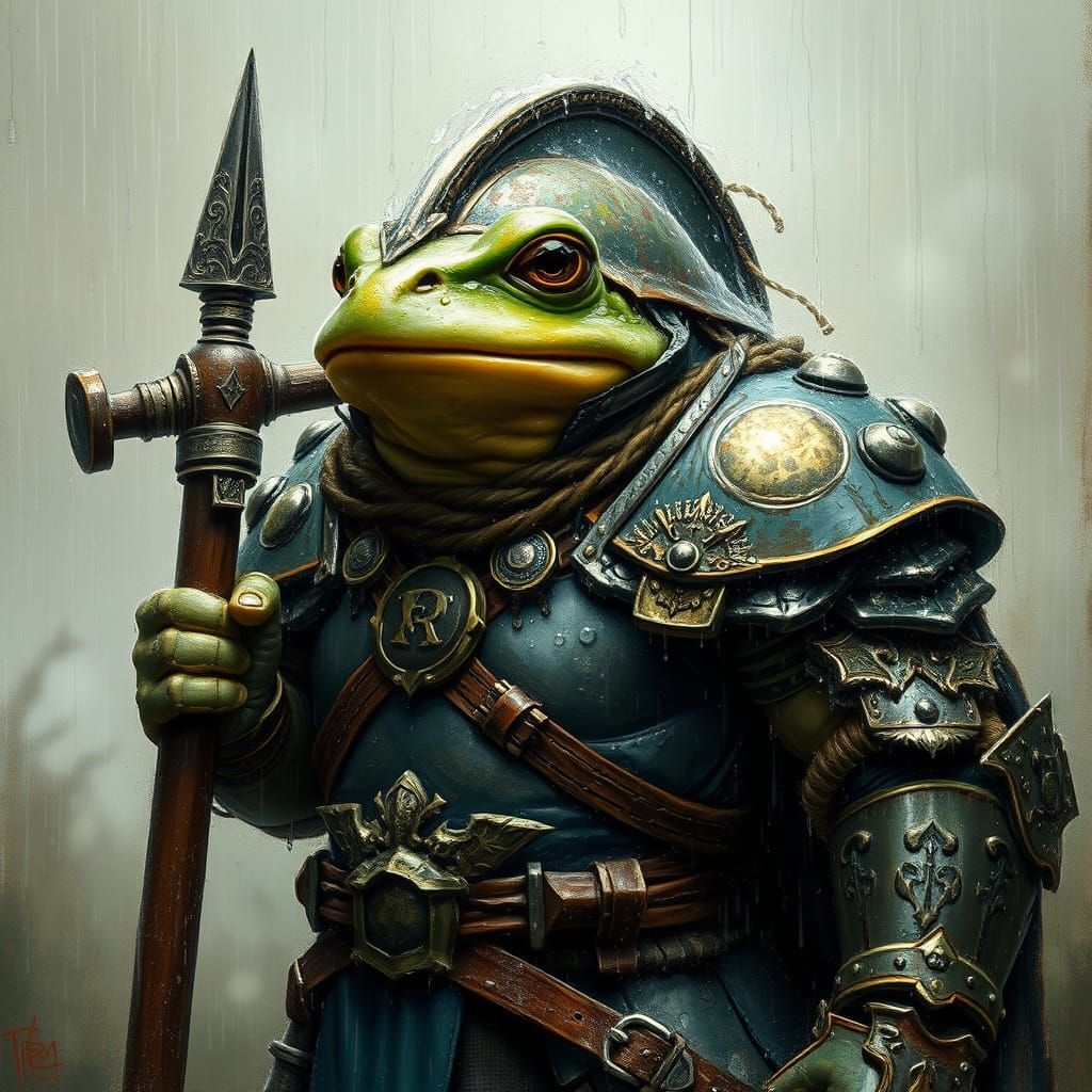 Impasto Frog Warrior Emerges from the Rainy Storm