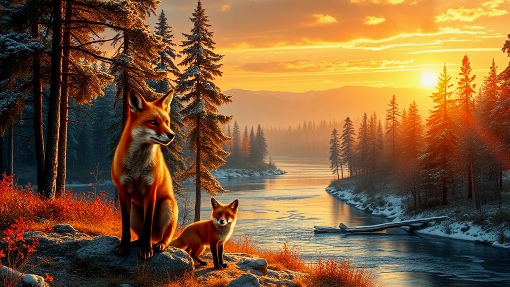 Autumn Winter Fox Family at Sunrise in Art Deco