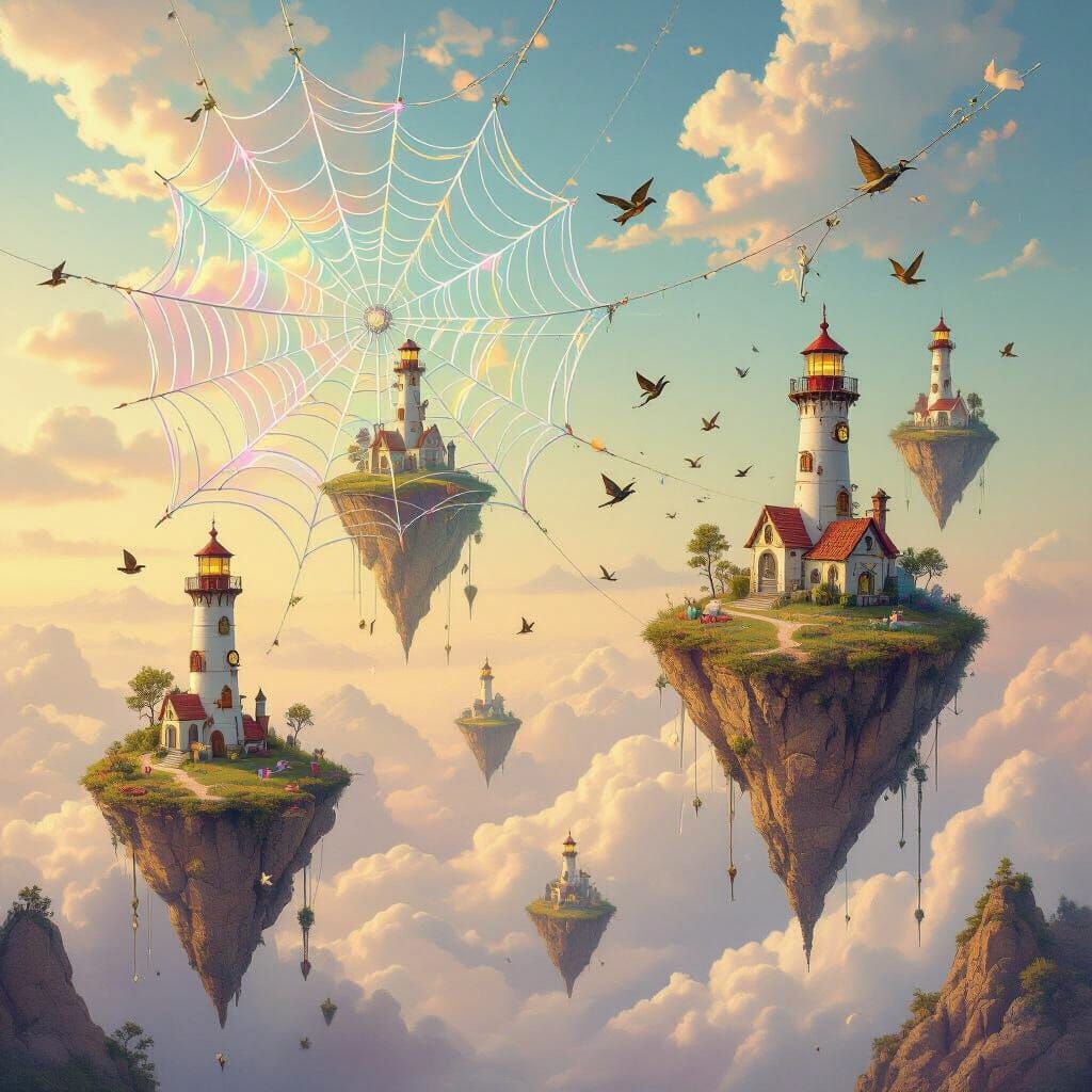 Surreal Landscape of Floating Islands and Giant Spiderwebs