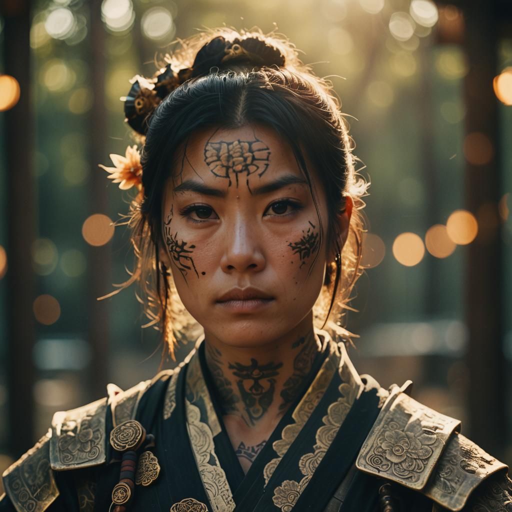 Samurai Woman's Face in Golden Light: Cinematic Portrait
