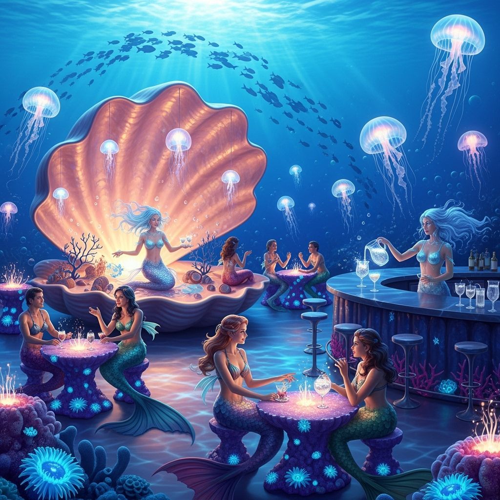 Underwater Café in Glowing Seashell with Mermaid Patrons