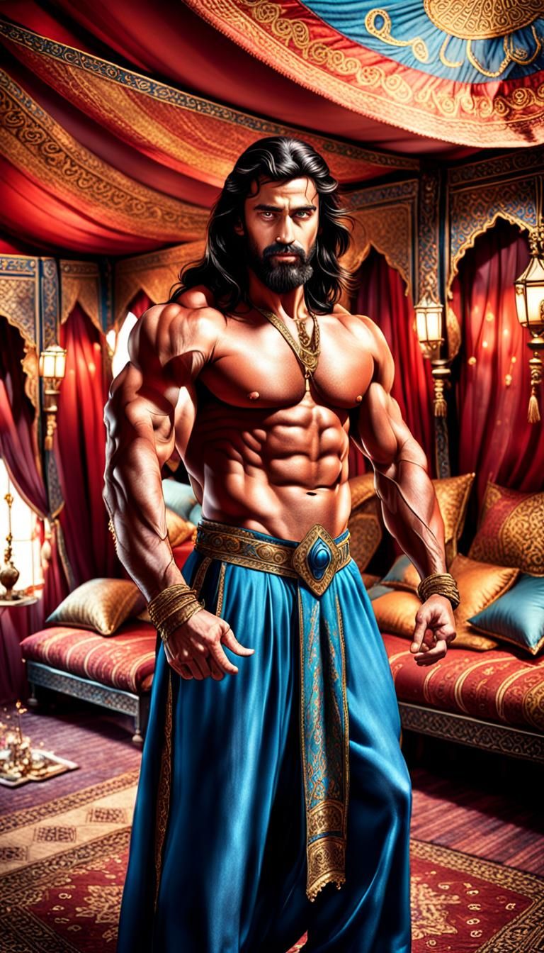 Male Djinn in Arabian Tent, Photorealistic HDR