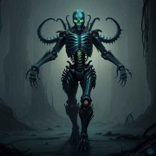 Biomechanical Horror: Parasitized Human in Eerie Light