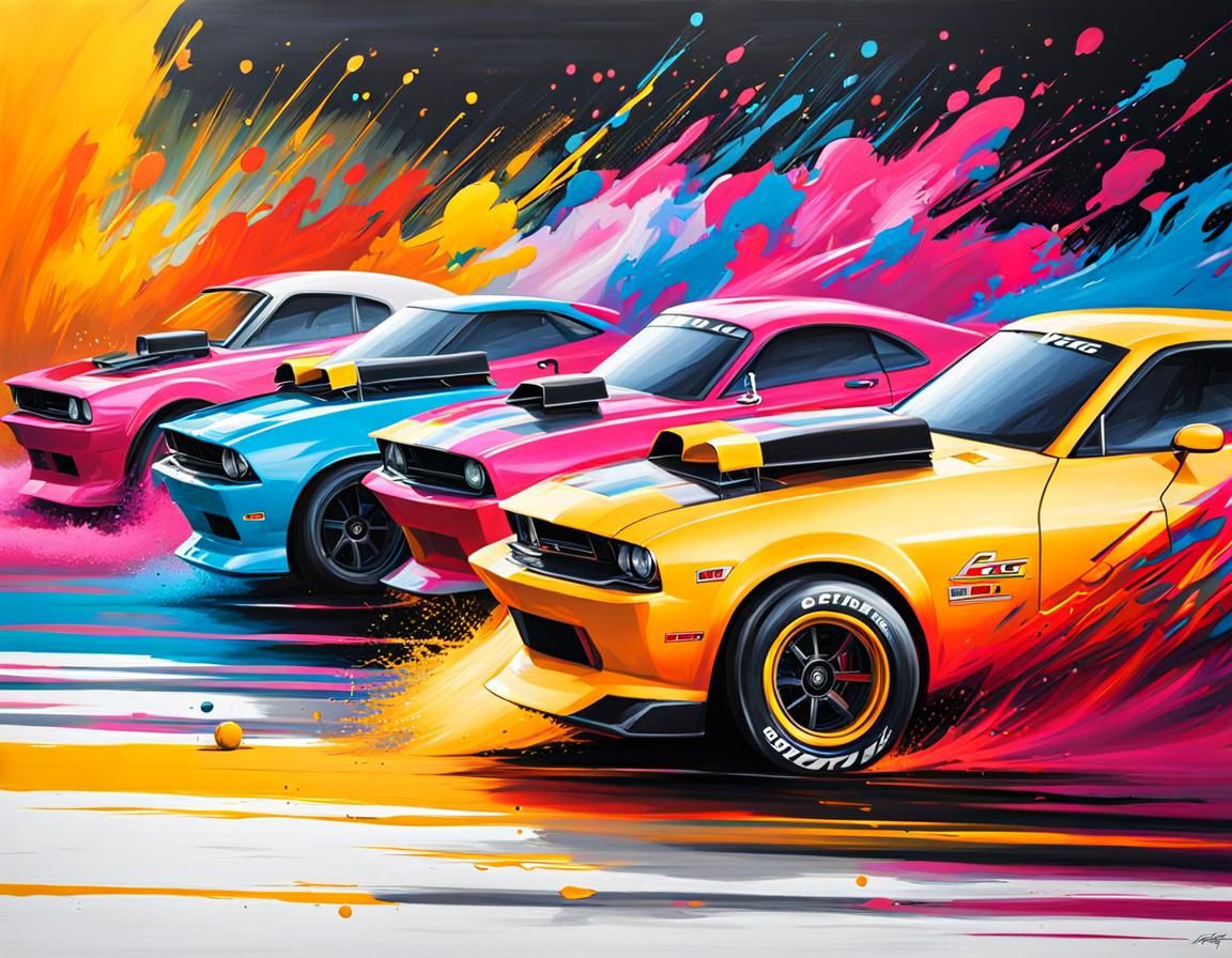 Drag Race Cars in Graffiti Splash Art Style