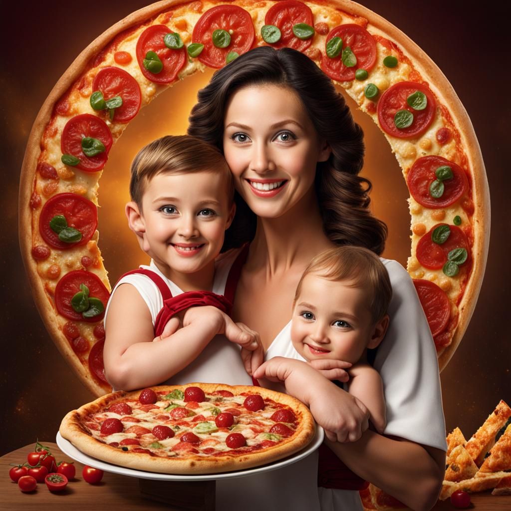 Hispanic Mother and Baby Portrait as Pizza Ad