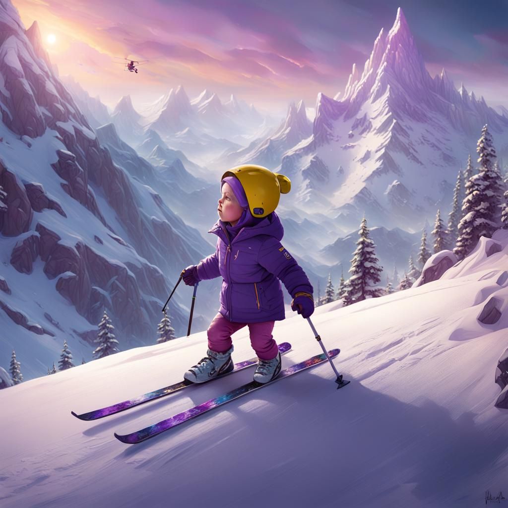 Toddler Skis Down Mountain in Dark Fantasy Style