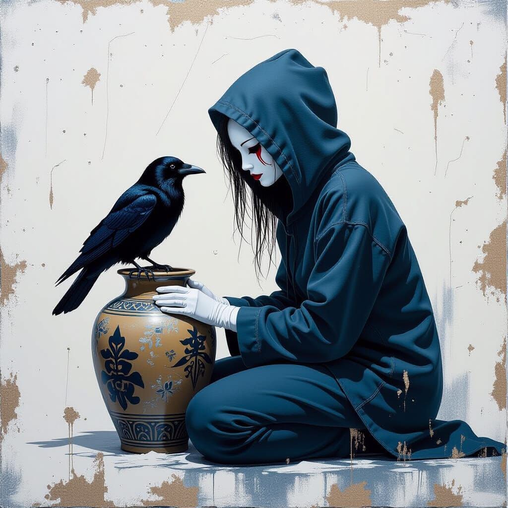 Surreal Geisha with Hoodie and Mask Holding Urn