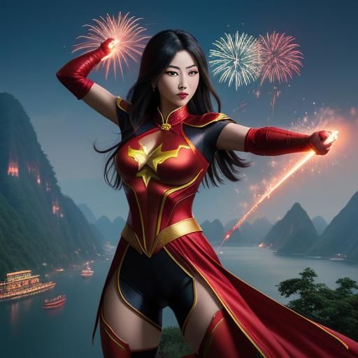 Chinese Superhero Overlooking Yangtze in Comic Book Style