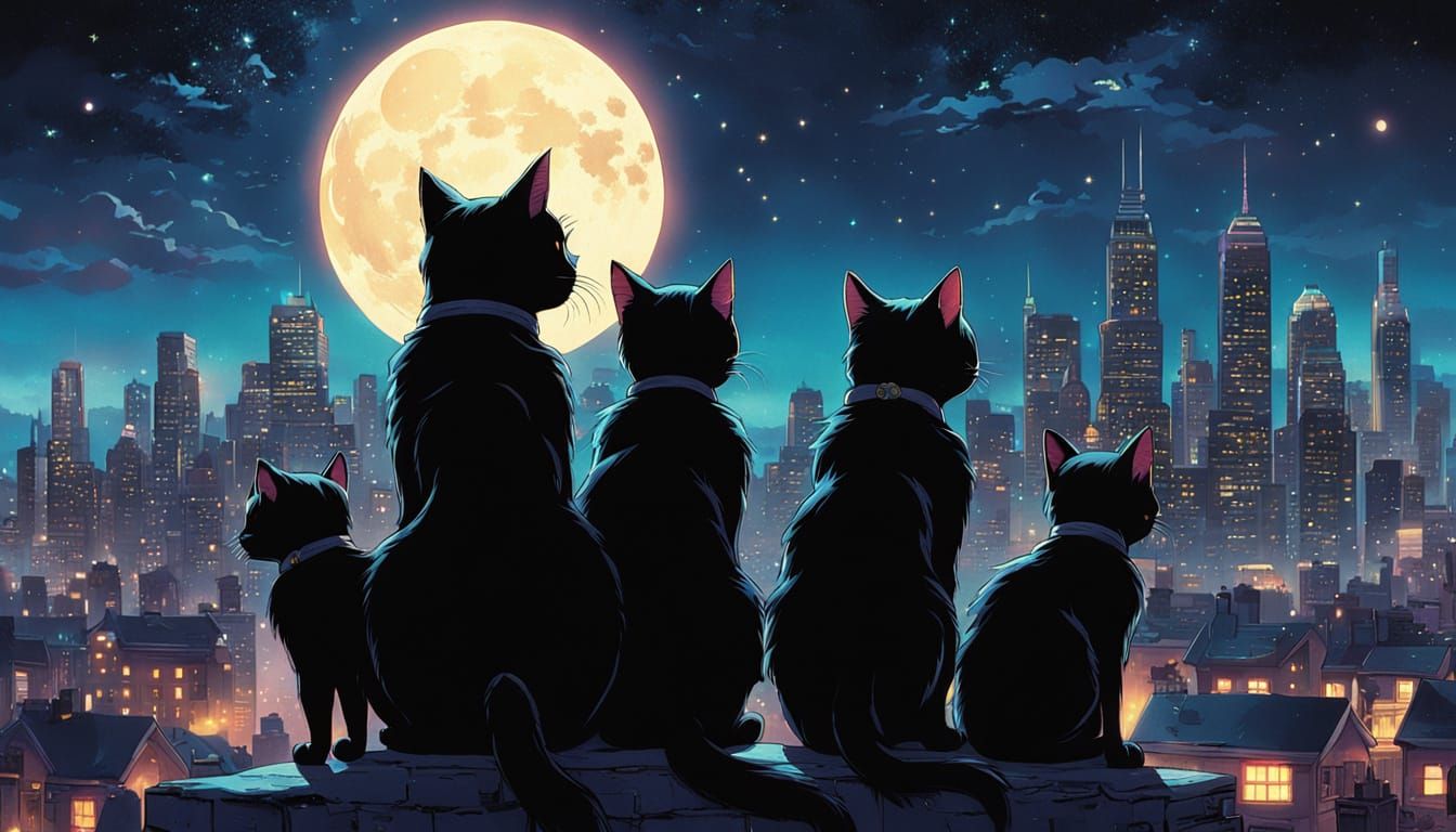 Moonlit Cityscape with a Black Cat and Her Kittens