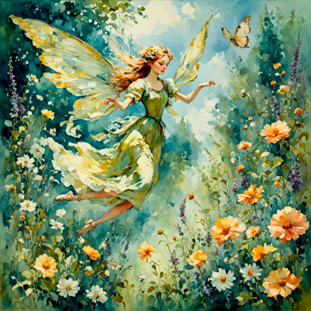 Nice fairy flying over a flowery garden