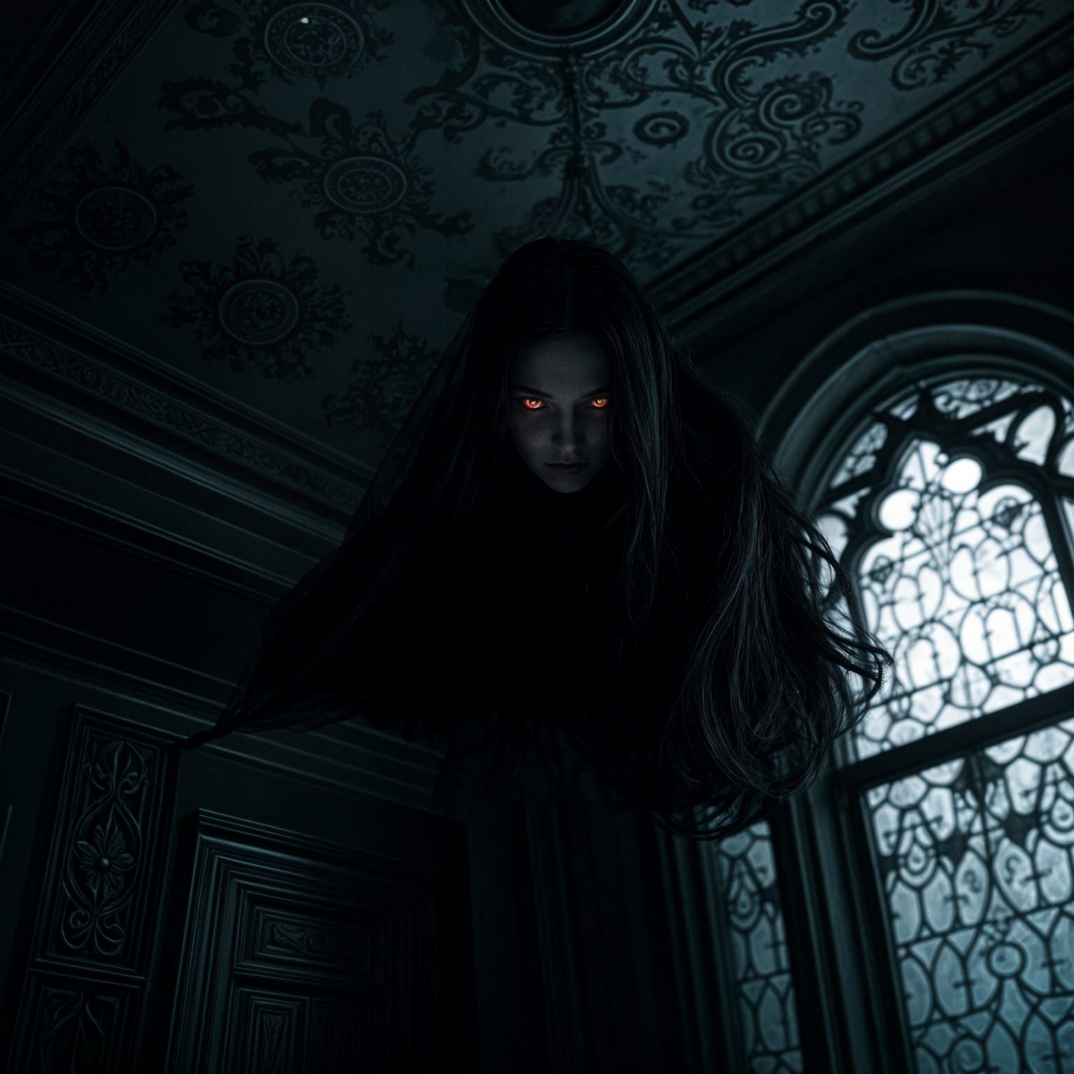 Gothic Bedroom Scene in Dark, Cinematic Style