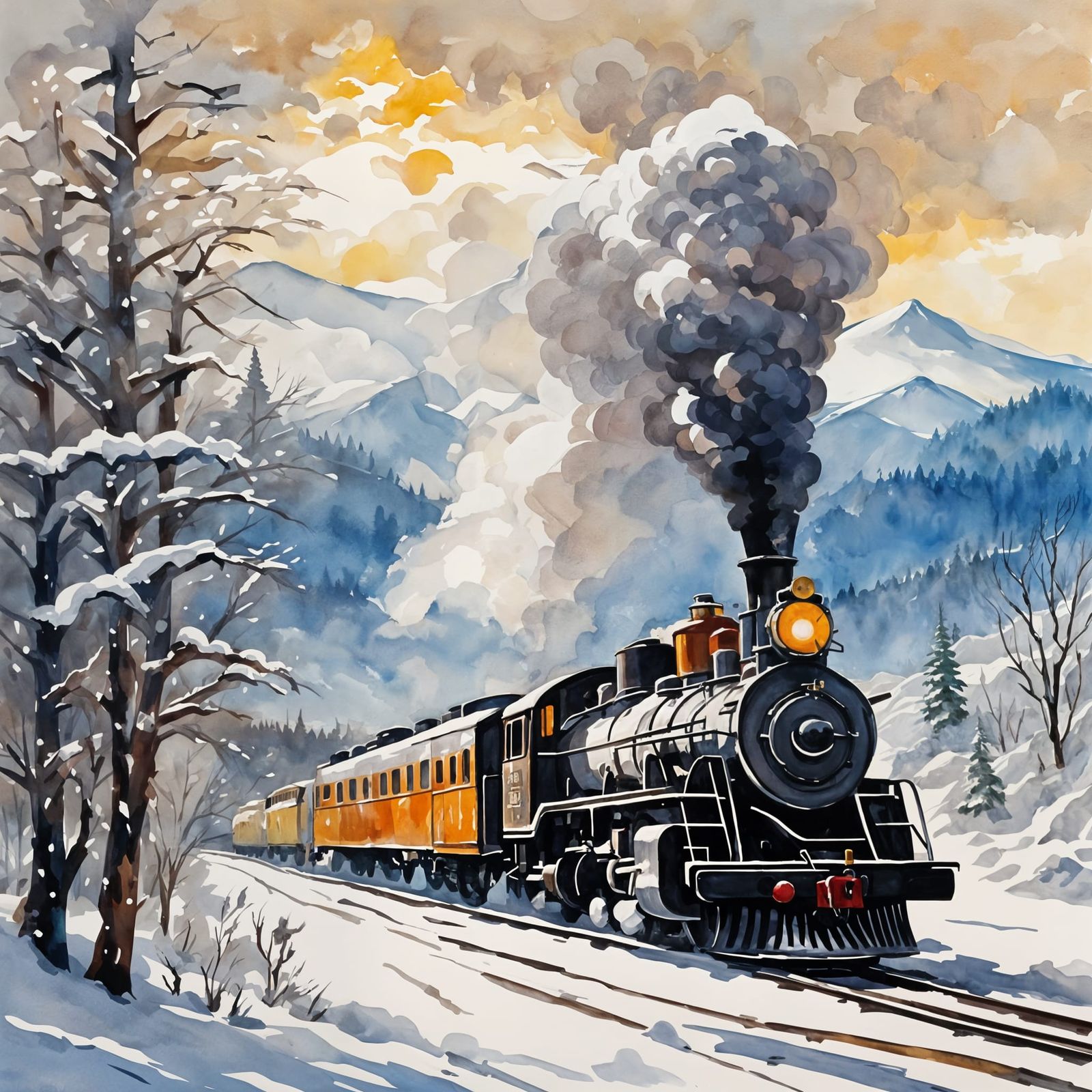 Winter Steam Train Landscape in Gouache Style