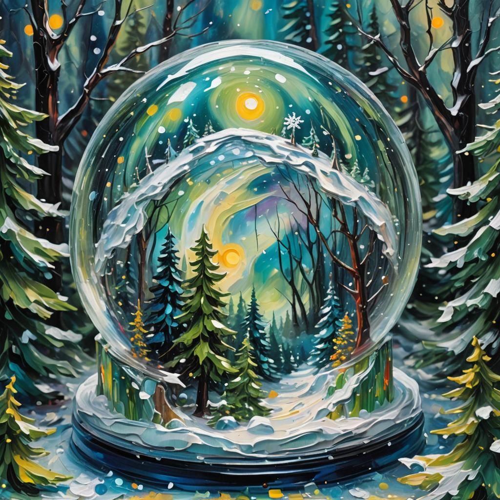 Northern Lights Forest in Snow Globe, Neo-Expressionism