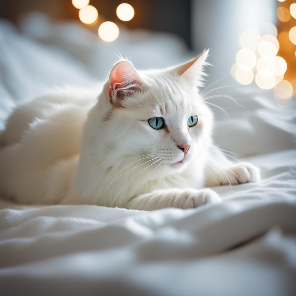 White Cat Lounging: Professional Photography with Bokeh