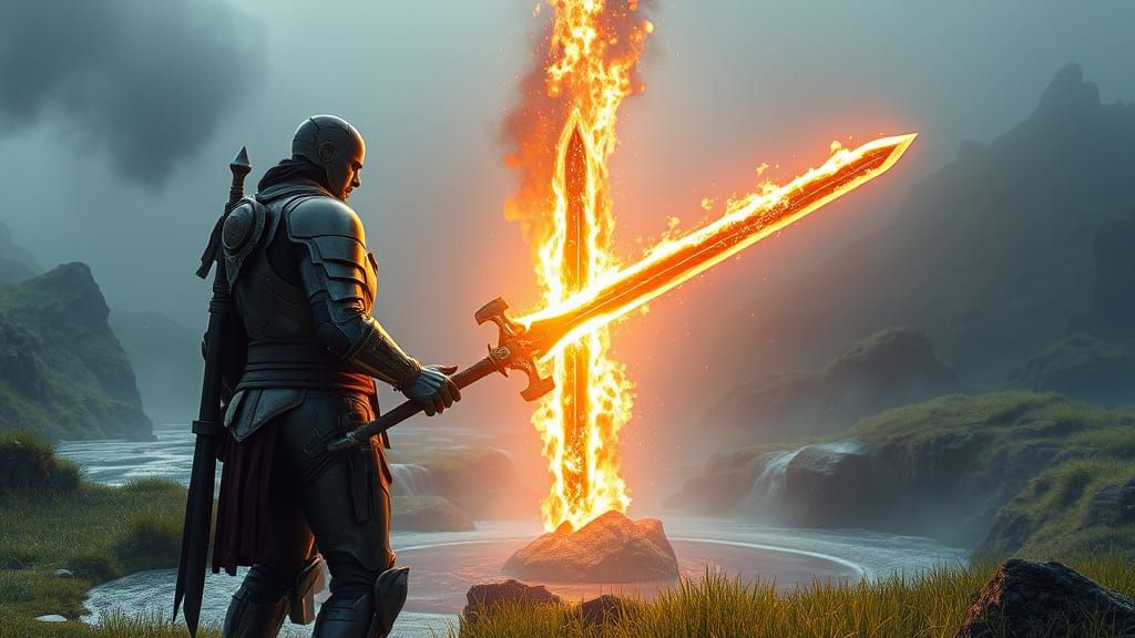 Mighty Sword Forged with Intense Plasma Energy in Futuristic...