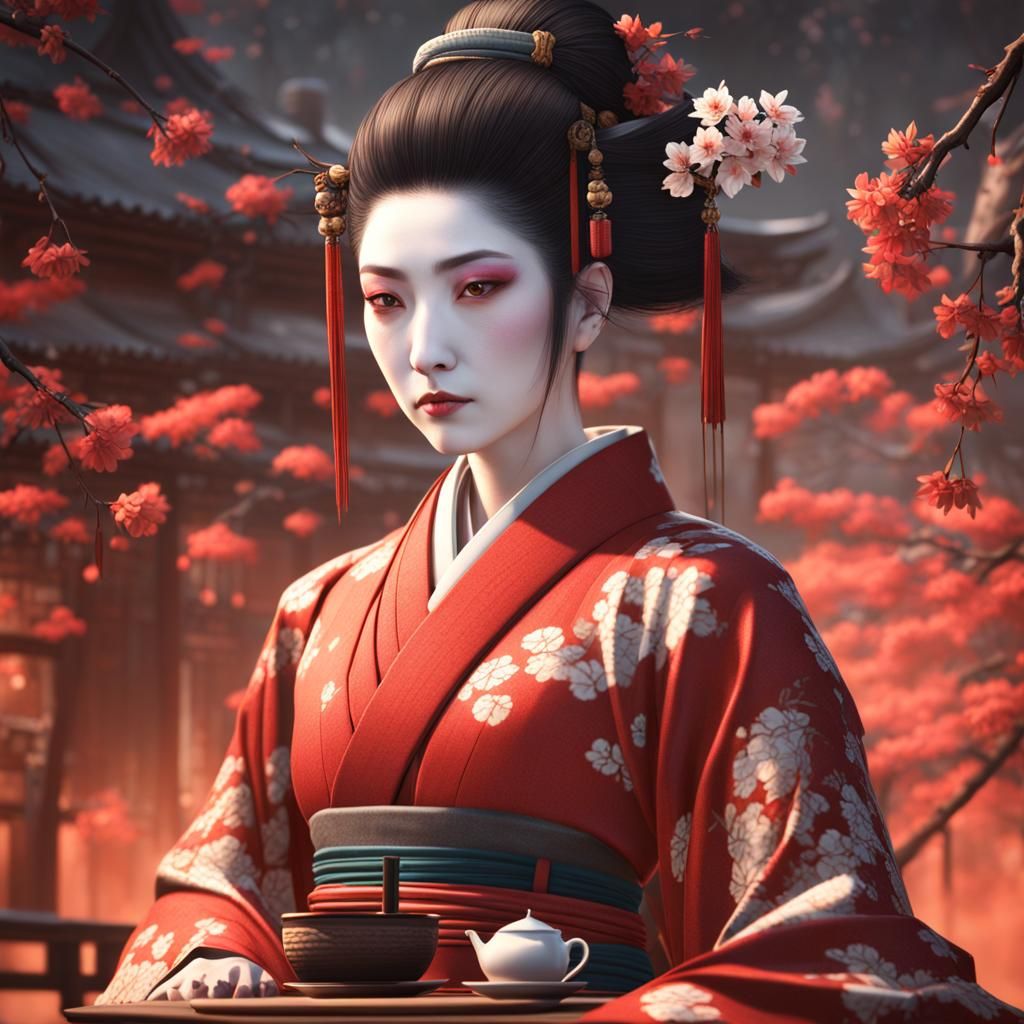Samurai and Geisha Tea Ceremony, Digital Art