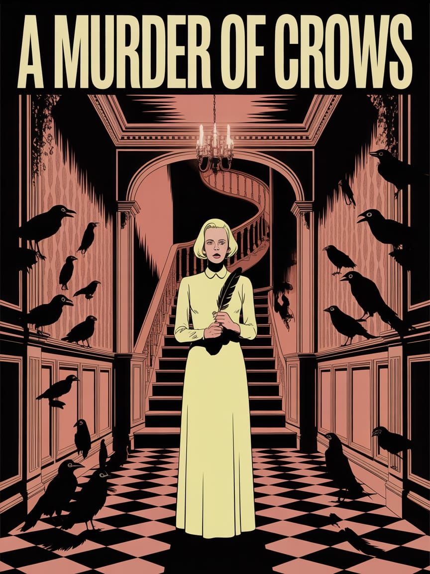 1960s horror movie poster, Tippi Hedron  in "A Murder of Crows", directed by Alfred Hitchcock, graphic art style of the ...