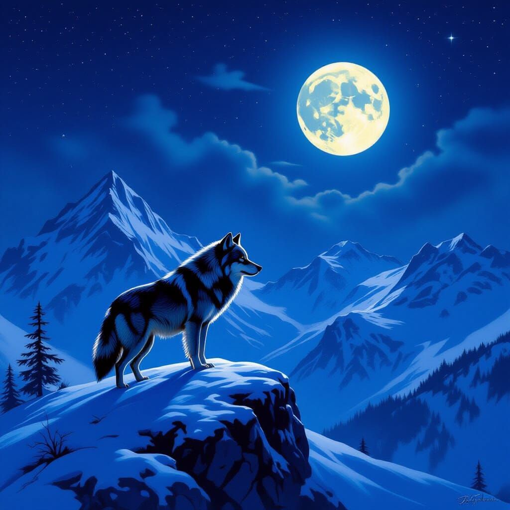 Majestic Wolf on Snowy Peak Under Full Moon