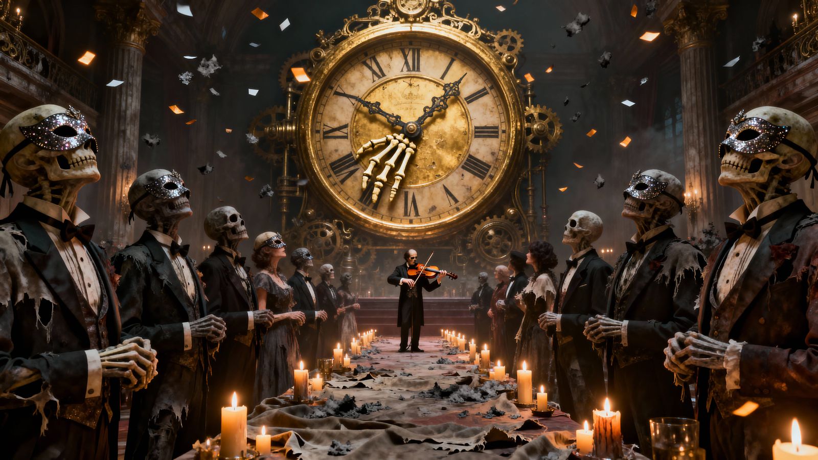 Golden Clock and Undead Revelers in Candlelit Ballroom