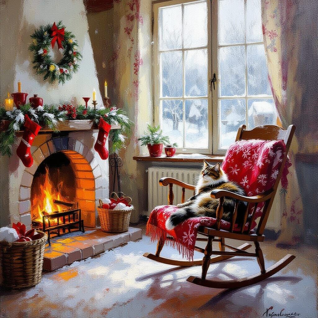 Impressionist Oil Painting of Cozy Christmas Room with Cat