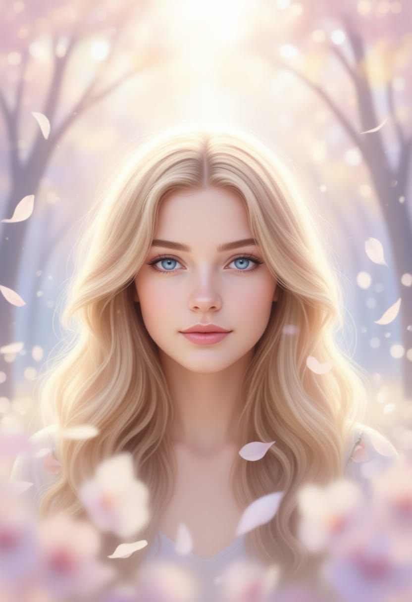 Ethereal Blonde Woman in Dreamy Pastel Sunlight