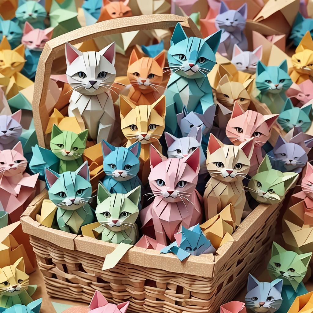 Origami Kittens in Picnic Basket Papercraft
