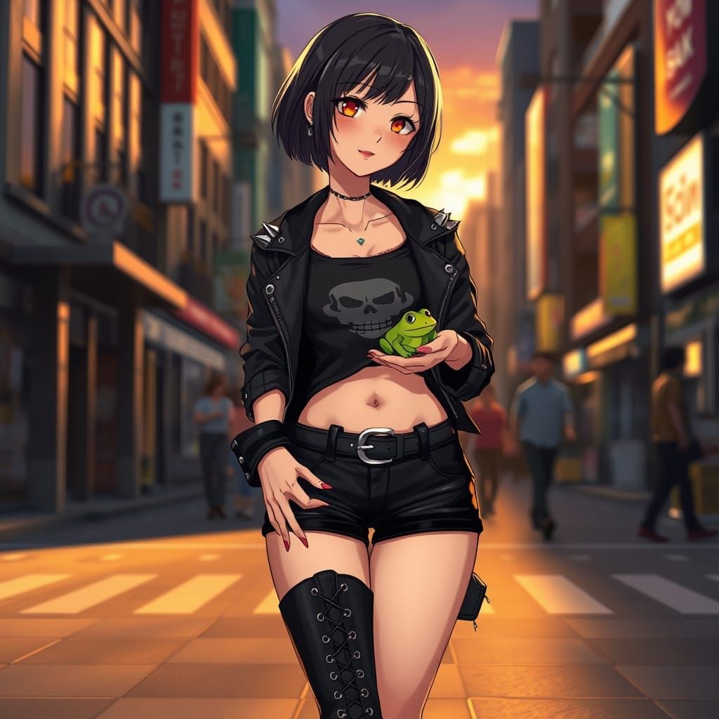 Emo Woman in Anime Style, Holding a Tiny Frog on a City Stre...
