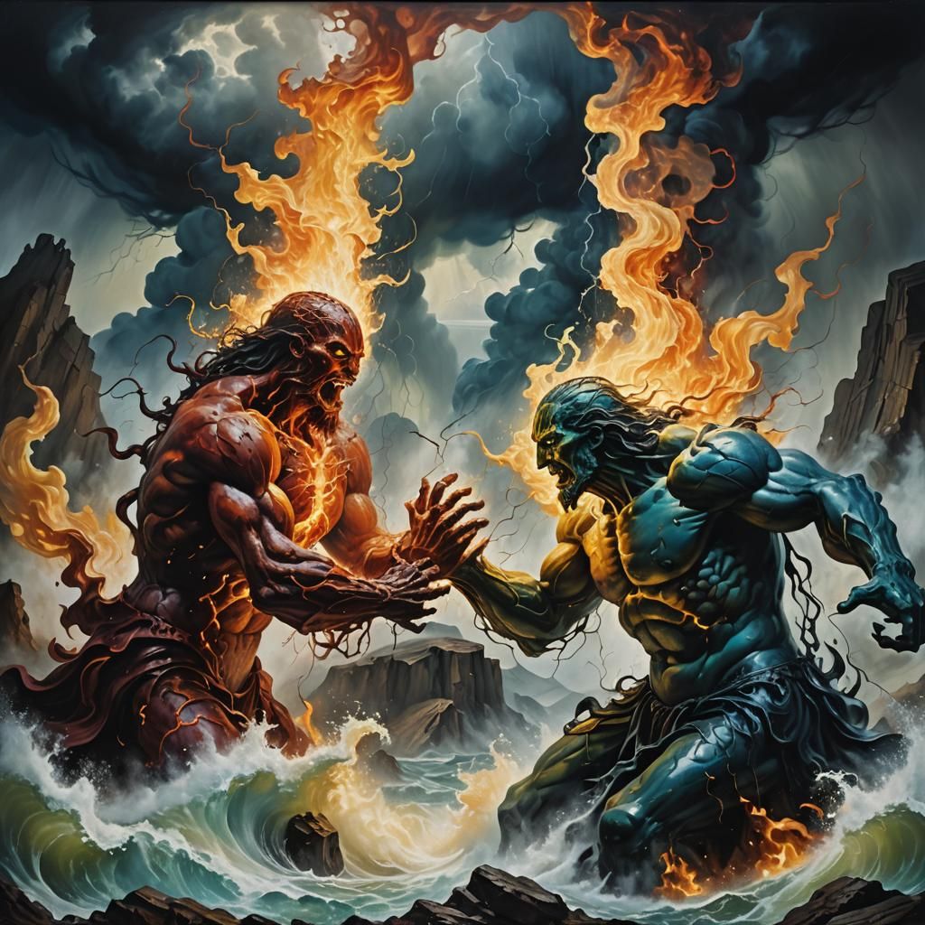 Elemental Titans Clash in Surreal Oil Painting