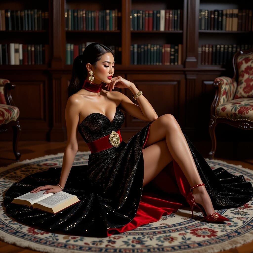 Glamorous Woman in Black Gown with Dramatic Lighting