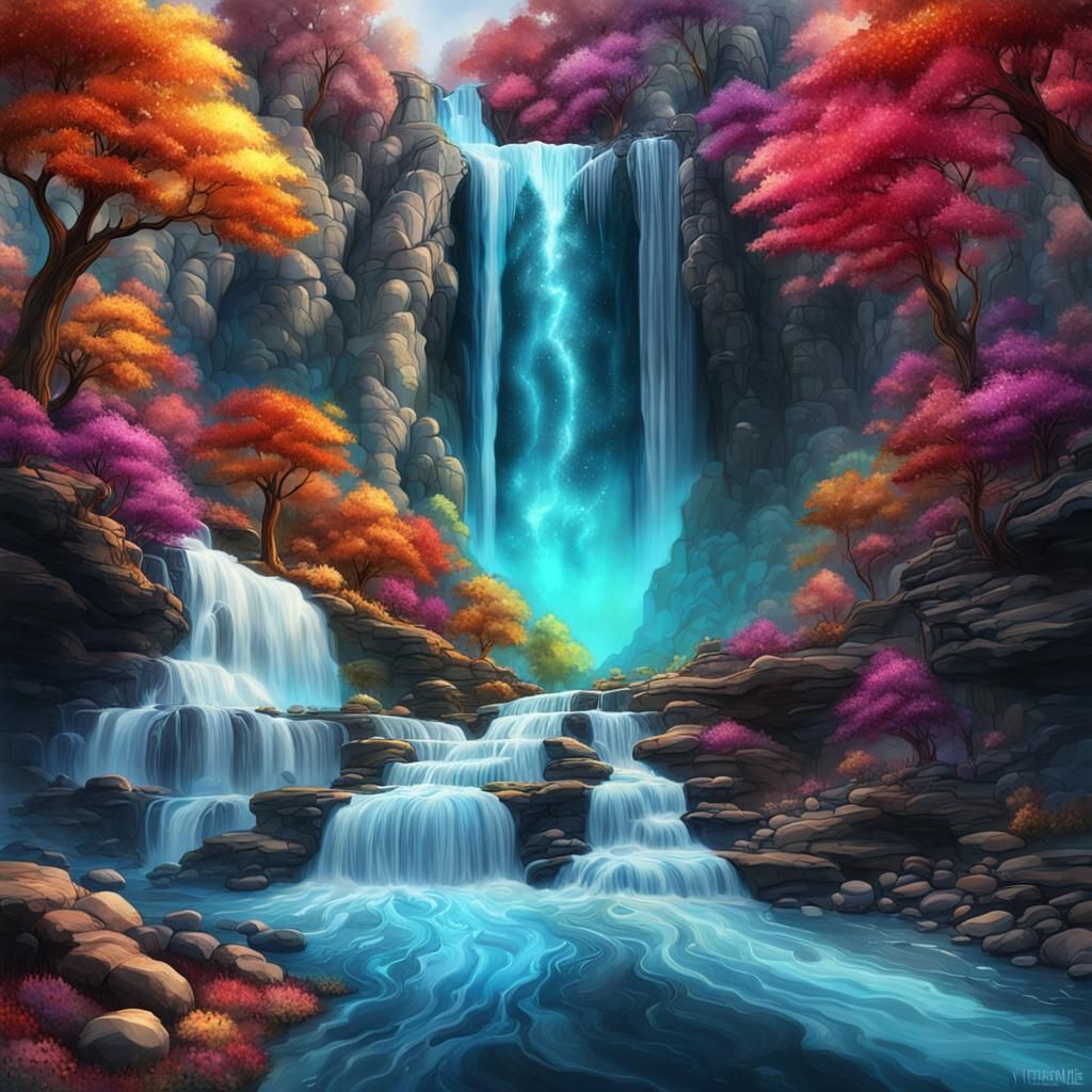 Waterfall with Alcohol Ink: Fantasy Concept Art