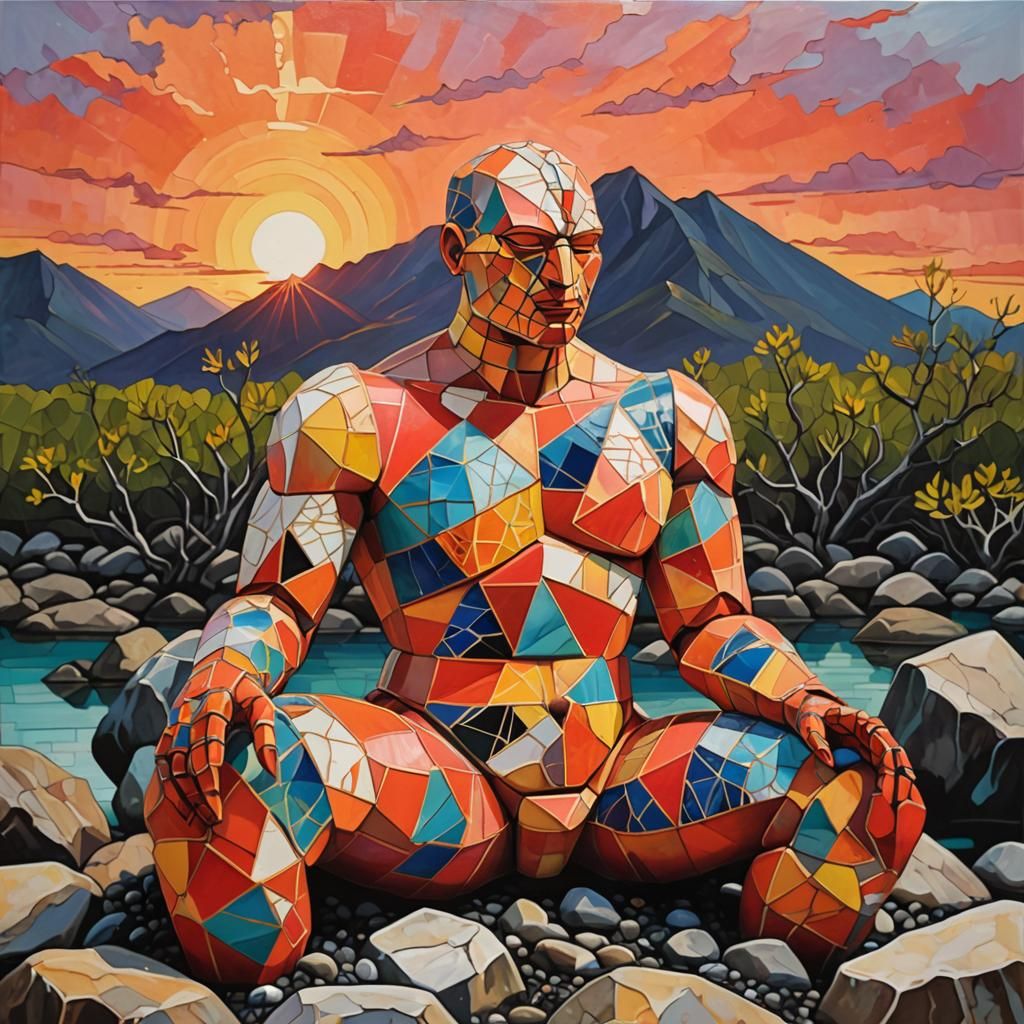 Kintsugi Golem Watches Sunset in Cubist Style