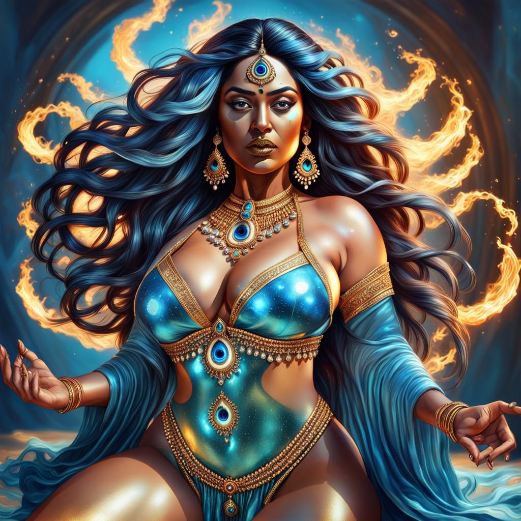 Blue-Skinned Goddess with Fire Hair in Hyperrealistic Style