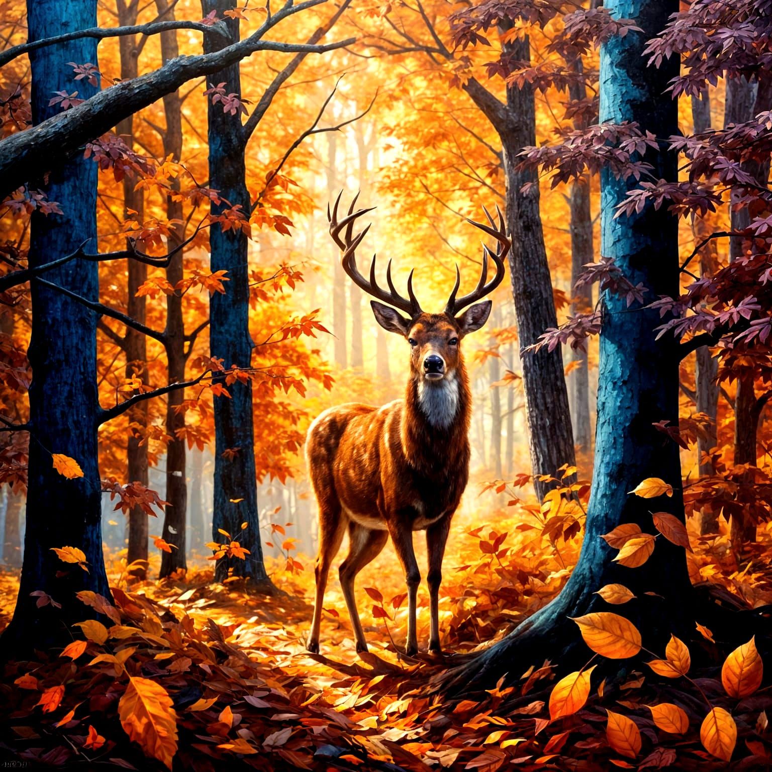 Detailed Oil Painting of Deer in Autumn