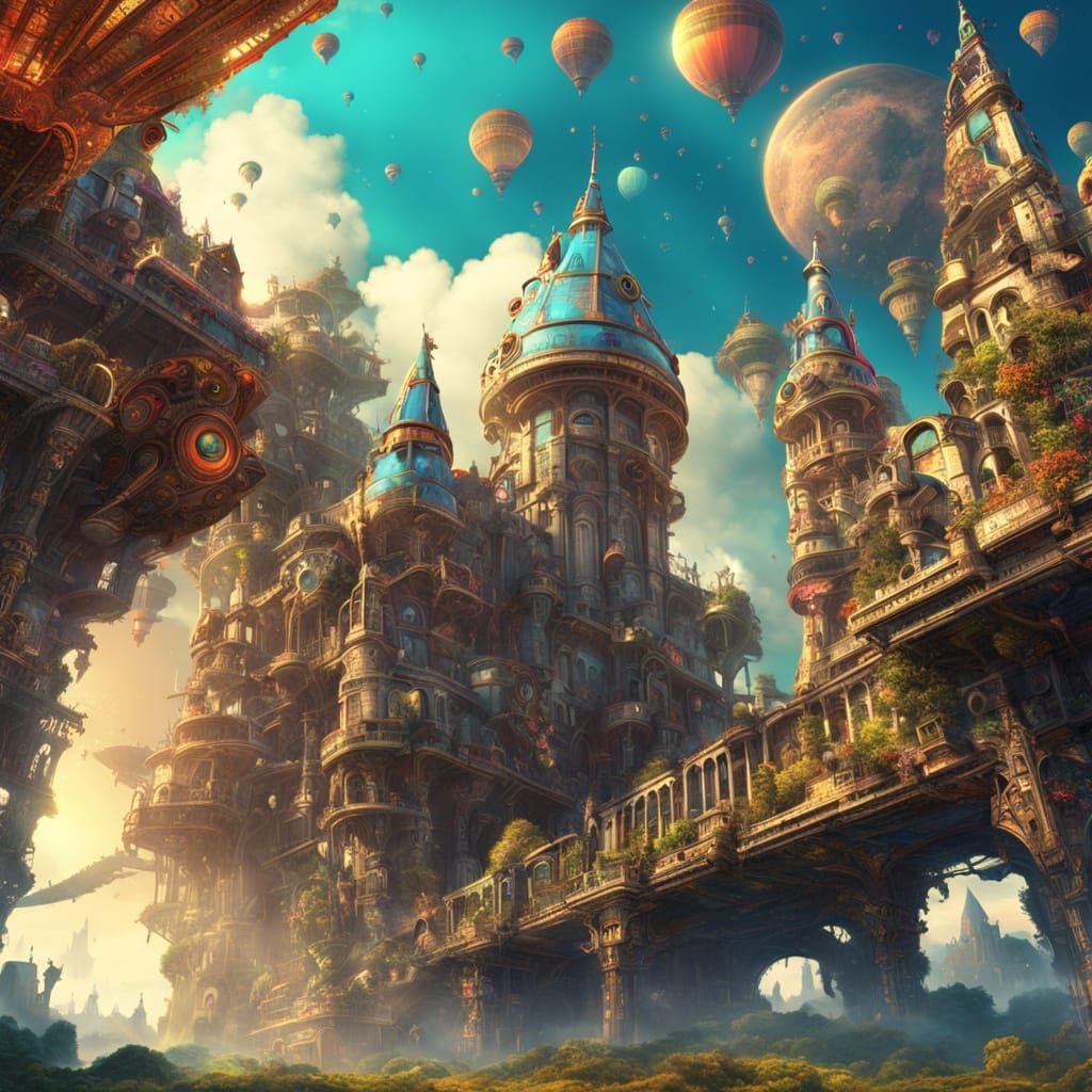 Steampunk Spaceship Over Castle Ruins in Rococo Style