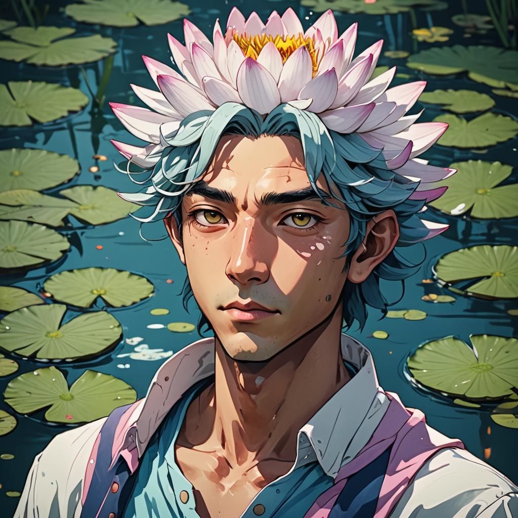 Surreal River Lily Man Hybrid in Anime Style