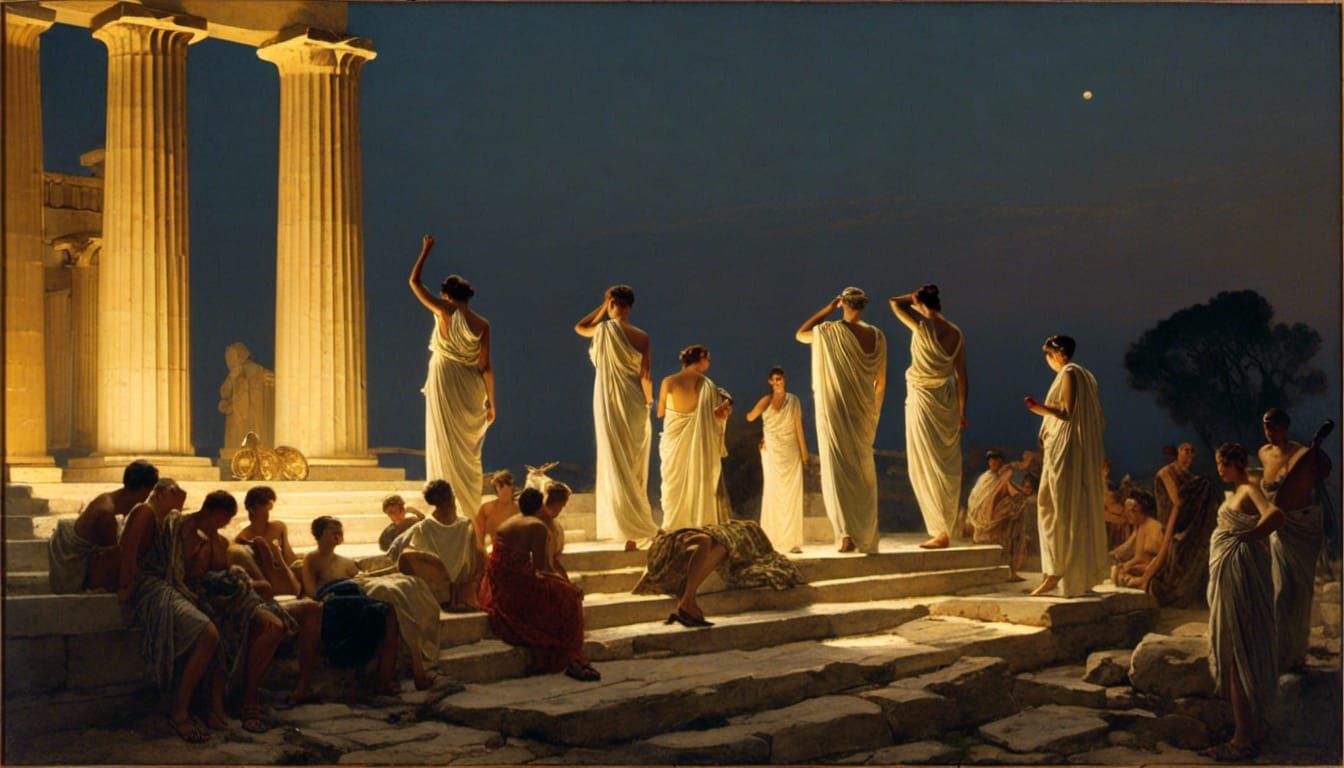 Grecian Gathering at Night in Realist Style