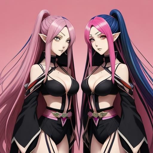 Anime Twins with Pointed Ears and Colorful Hair