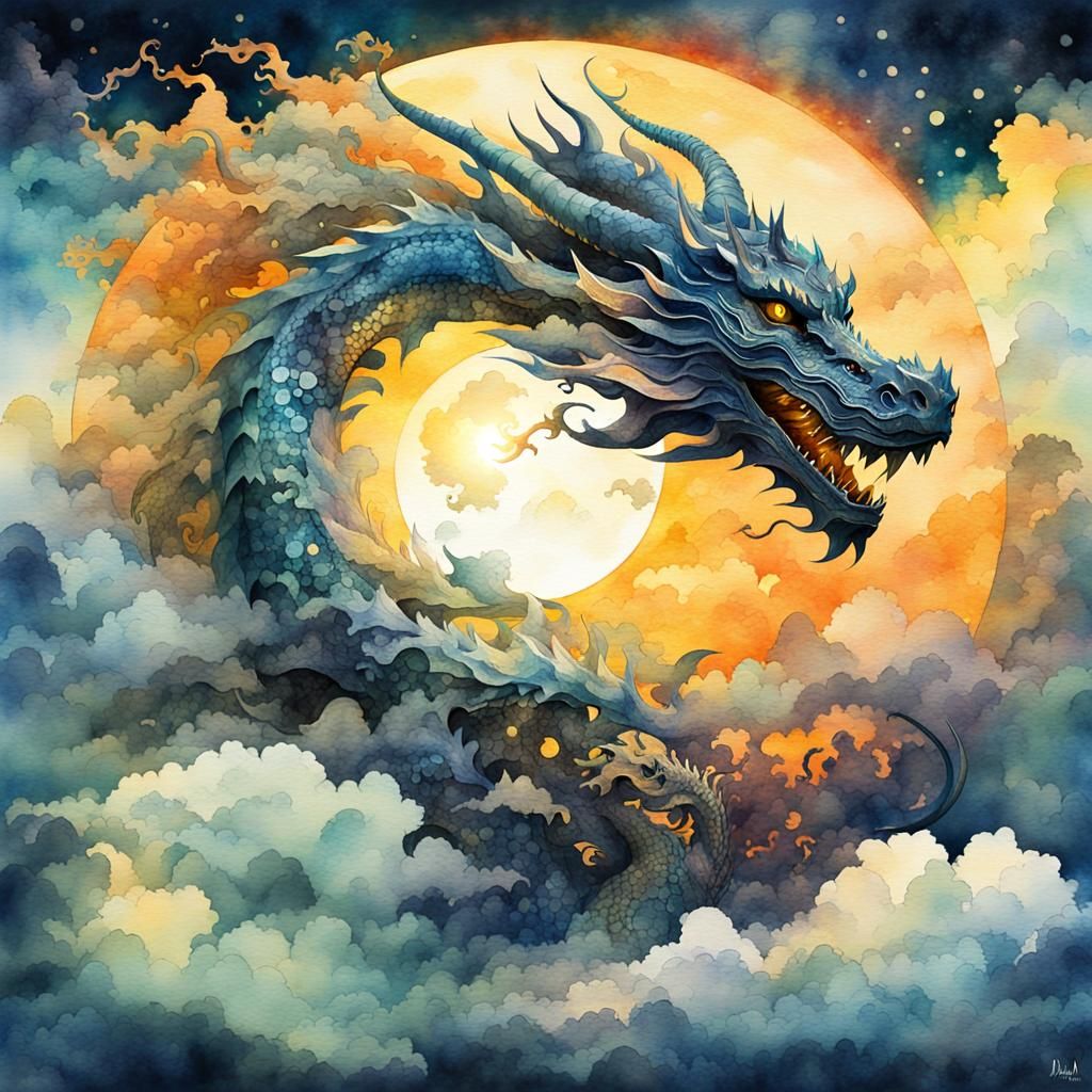 Watercolor Dragon Double Exposure Fantasy Art