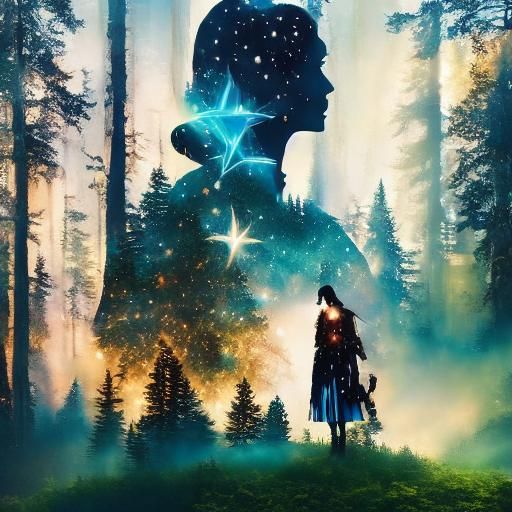 Double Exposure Sorceress Silhouette in Starry Forest