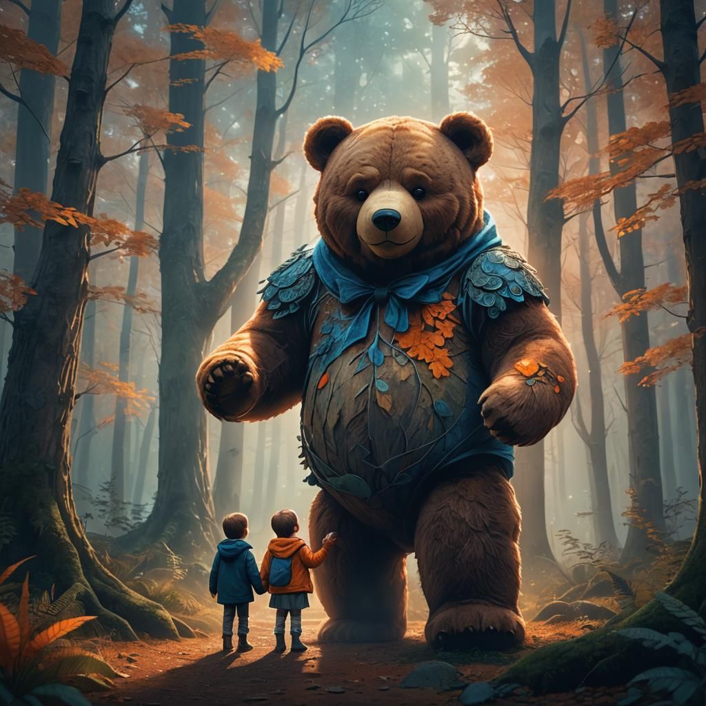 Giant Teddy Bear Protects Child in Whimsical Forest