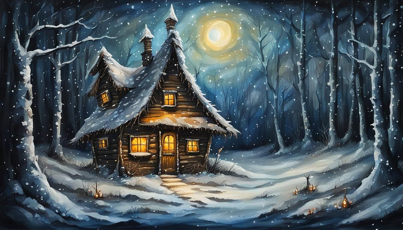 Fairy-Tale Hut on Chicken Legs in Snowy Night Forest