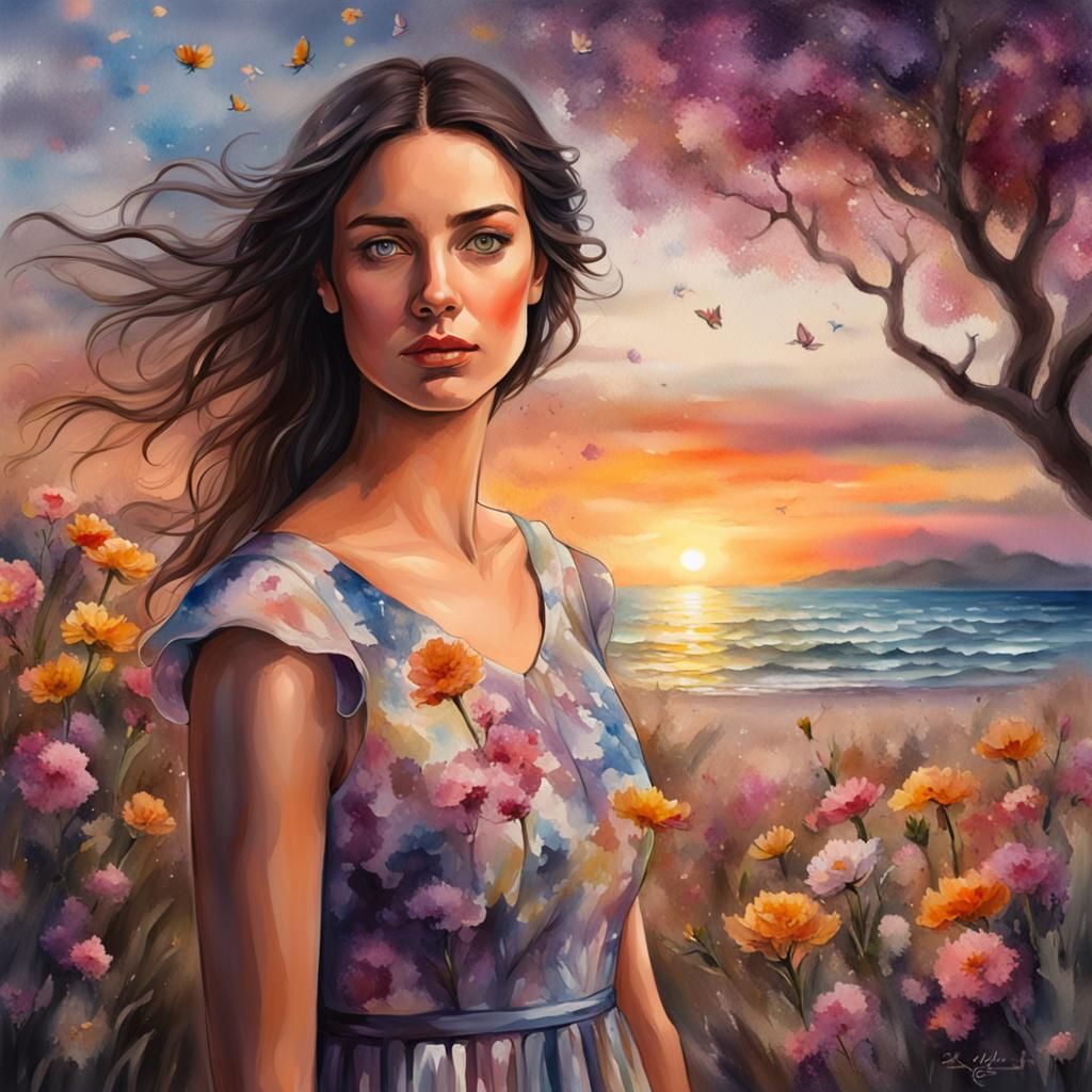 Hyperrealistic Woman on Beach in Digital Oil Painting