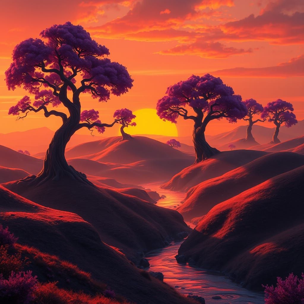 Surreal Sunset Landscape with Twisted Trees and Winding Rive...