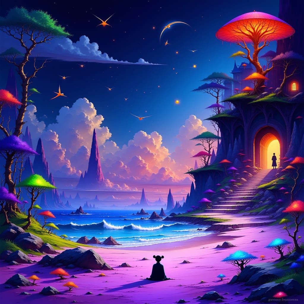 Alien Seaside with Bioluminescent Flora, Digital Painting